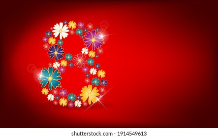 8 de marzo, Día de la Mujer. Tarjeta vectorial con flores multicolor.
Plantilla para tarjetas, carteles, carteles e invitaciones. Vector