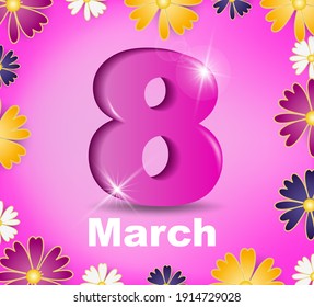 8. März, Frauentag. Vektorkarte mit mehrfarbigen Blumen.
Vorlage für Karten, Banner, Poster und Einladungen. Vektorgrafik