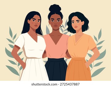 8 de marzo, Día de la Mujer. Ilustración vectorial de tres mujeres diversas de pie una al lado de la otra, abrazadas en un fondo de flores. Igualdad de género, diversidad, empoderamiento. Para proyectos de mujeres