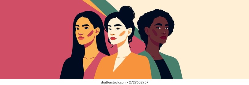 March 8, Women's Day. Vector banner with space for text. Three women of different cultures, skin colors together. Gender equality, diversity, women's empowerment. For women's projects