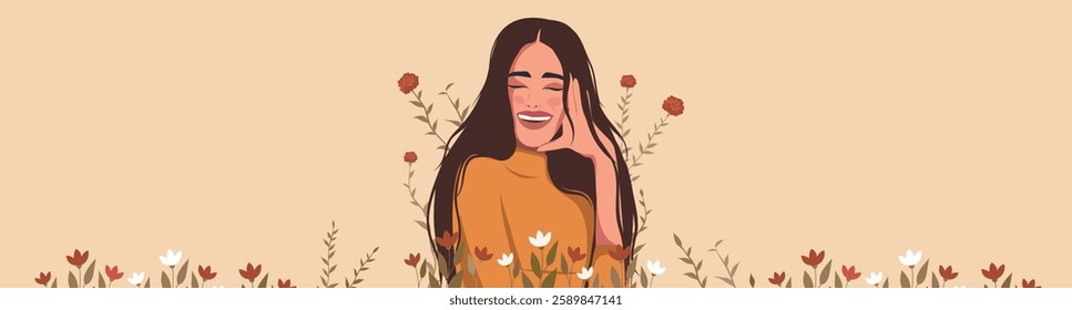 March 8. Women's Day. Vertical illustration with place for text. Beautiful happy woman girl smiling against sky and flowers. Gender equality and women's empowerment. For women's projects