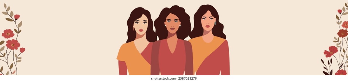 March 8. Women's Day. Women of different skin colors and cultures stand together against a backdrop of spring flowers, gender equality, women's empowerment and women's rights. For women's projects