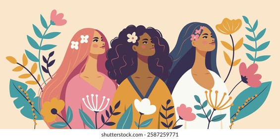 March 8. Women's Day. Women of different skin colors and cultures stand together against a background of flowers, women's empowerment and women's rights, gender equality. Bright vector illustration