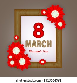 March 8. Women`s greeting card on a gray background. Abstract floral bouquet. Square wooden frame. With women's day. Vector illustration, spring.