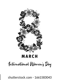 March 8 - women's rights and femininity day. International women's day. Template of a greeting card, banner in the floral style. Vector illustration of number eight in one color. Graphic flowers.