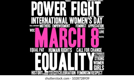 March 8 word cloud on a black background. 