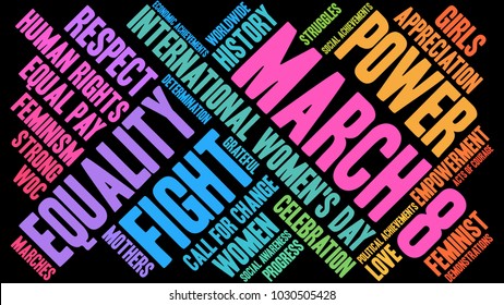 March 8 word cloud on a black background. 