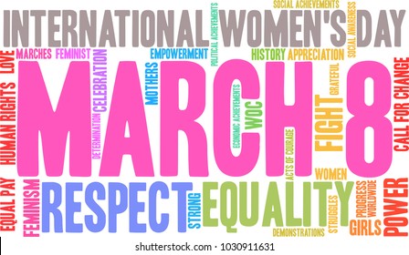 March 8 word cloud on a white background. 