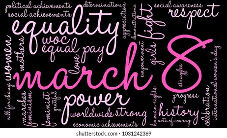 March 8 word cloud on a black background. 