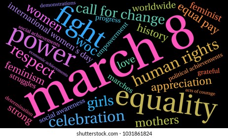 March 8 word cloud on a black background. 