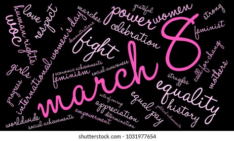 March 8 word cloud on a black background. 