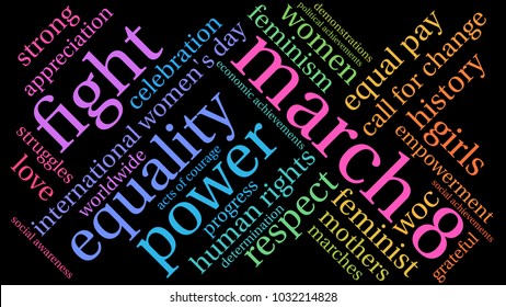 March 8 word cloud on a black background. 