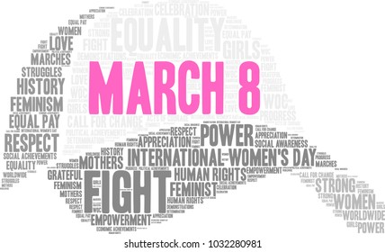 March 8 word cloud on a white background. 