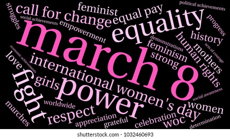 March 8 word cloud on a black background. 