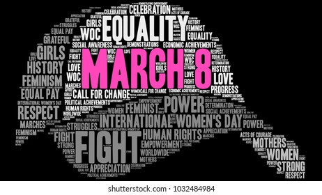 March 8 word cloud on a black background. 