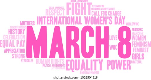 March 8 word cloud on a white background. 