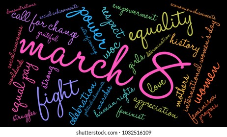 March 8 word cloud on a black background. 