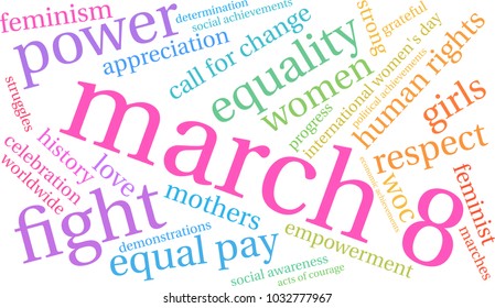 March 8 word cloud on a white background. 