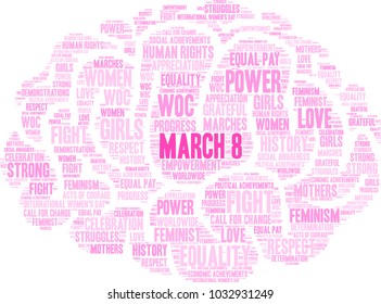 March 8 word cloud on a white background. 