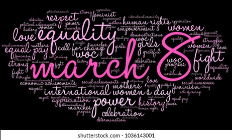 March 8 word cloud on a black background. 