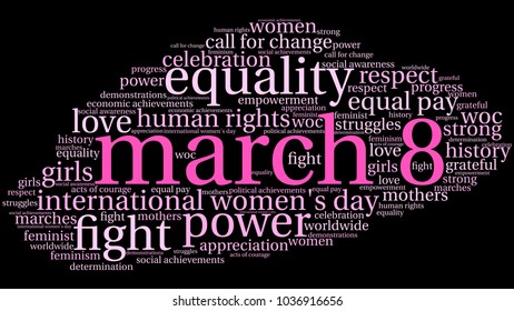 March 8 word cloud on a black background. 