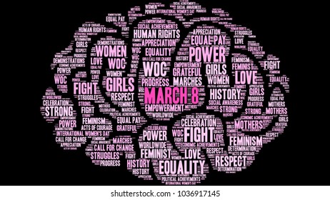 March 8 word cloud on a black background. 