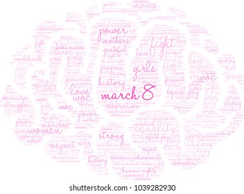 March 8 word cloud on a white background. 