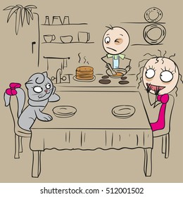 March 8. Young man prepares pancakes for his girlfriend. Fun vector cartoon illustration