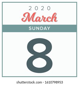 March 8th, 2020. Calendar day icon. Red and grey color.