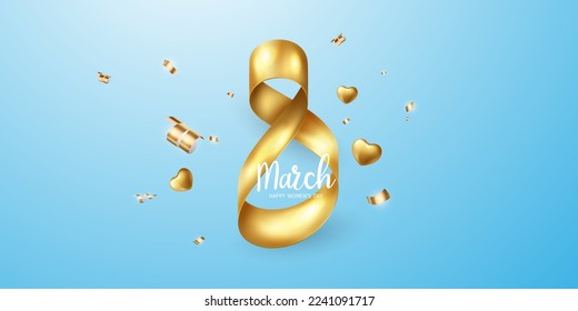 March 8th Happy Mother's Day. with an elegant golden ribbon with golden heart vector illustration
