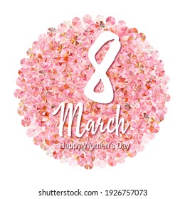 March 8th Happy Women's Day rose gold spangles confetti scatter vector background. Wedding invitation card background. Glamour shining foil particles holiday decor. Romantic bridal confetti texture.