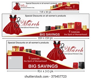March 8th Happy Women's Day banner set for shops, stores, gift boutiques . Big Sales / Special Offers. Sizes: leader board. Contains place for your own text. Easy to modify or to adjust. 