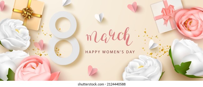 March 8th. Horizontal Women's Day banner for a website. Postcard for March 8. Romantic background with realistic design elements, gift boxes, hearts and flowers.