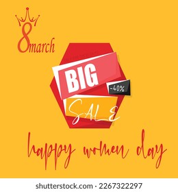 March 8th International Women Day sale special offer advertisement design. Store discount paper cut poster web banner flyer leaflet on yellow background.