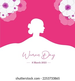 March 8th international women's day, with beautiful floral and woman silhouette elements, in pink and white colors