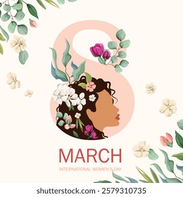 March 8th. International Women's Day. A greeting card with a beautiful woman and flowers. Vector illustration.