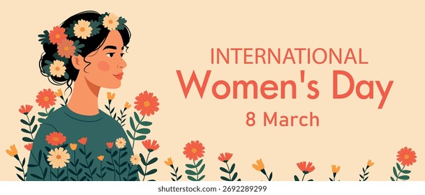 8 de março. Dia Internacional da Mulher. Vetor cartão de férias com uma menina ou jovem mulher em flores. Liberdade, poder. Feminismo, empoderamento das mulheres, igualdade de gênero. Uso para férias, projetos femininos