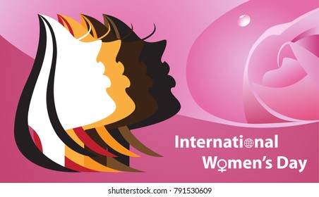 March 8th International Women's Day,  celebration card with different cultural background women and pink rose. 