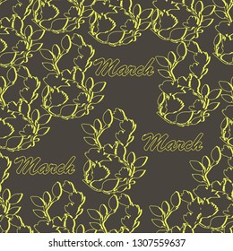 March 8th pattern decorative element. Magnolia, Flowering Tree. Eight inscriptions. Vector graphics