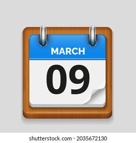 March 9 blue daily realistic calendar with wooden frame icon date vector image