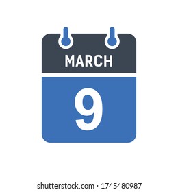 March 9 Calendar Date Icon, Event Date Icon, Calendar Date, Icon Design Vector Graphic