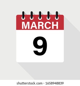 MARZO 9 - Icono del calendario. Icono de calendario con sombra. Estilo plano. Fecha, día y mes.