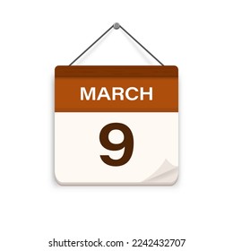 March 9, Calendar icon with shadow. Day, month. Meeting appointment time. Event schedule date. Flat vector illustration. 