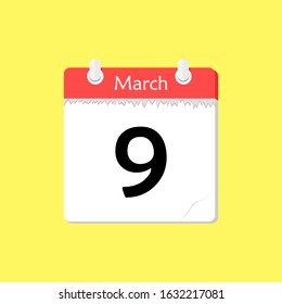 March 9 - Calendar Icon - Vector Illustration on a Yellow Background Design.