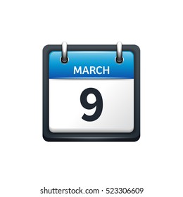 March 9. Calendar icon.Vector illustration,flat style.Month and date.Sunday,Monday,Tuesday,Wednesday,Thursday,Friday,Saturday.Week,weekend,red letter day. 2017,2018 year.Holidays.