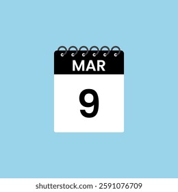 March 9 calendar reminder. 9th March Date Month calendar icon design template.