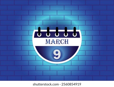 March 9 calendar sign on blue neon brick wall background. Flat design style. Date, day and month. Vector illustration.