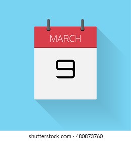 March 9, Daily calendar icon, Date and time, day, month, Holiday, Flat designed Vector Illustration
