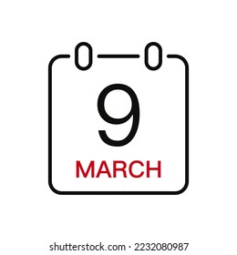 9. März Datum auf dem Kalender, Vektorlinie Strich Symbol für die Benutzeroberfläche. Kalender mit Datum, Vektorgrafik.