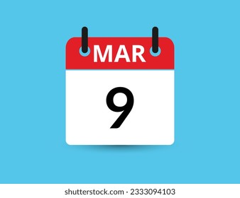 9 de marzo. Calendario de icono plano aislado en fondo azul. Ilustración vectorial de fecha y mes